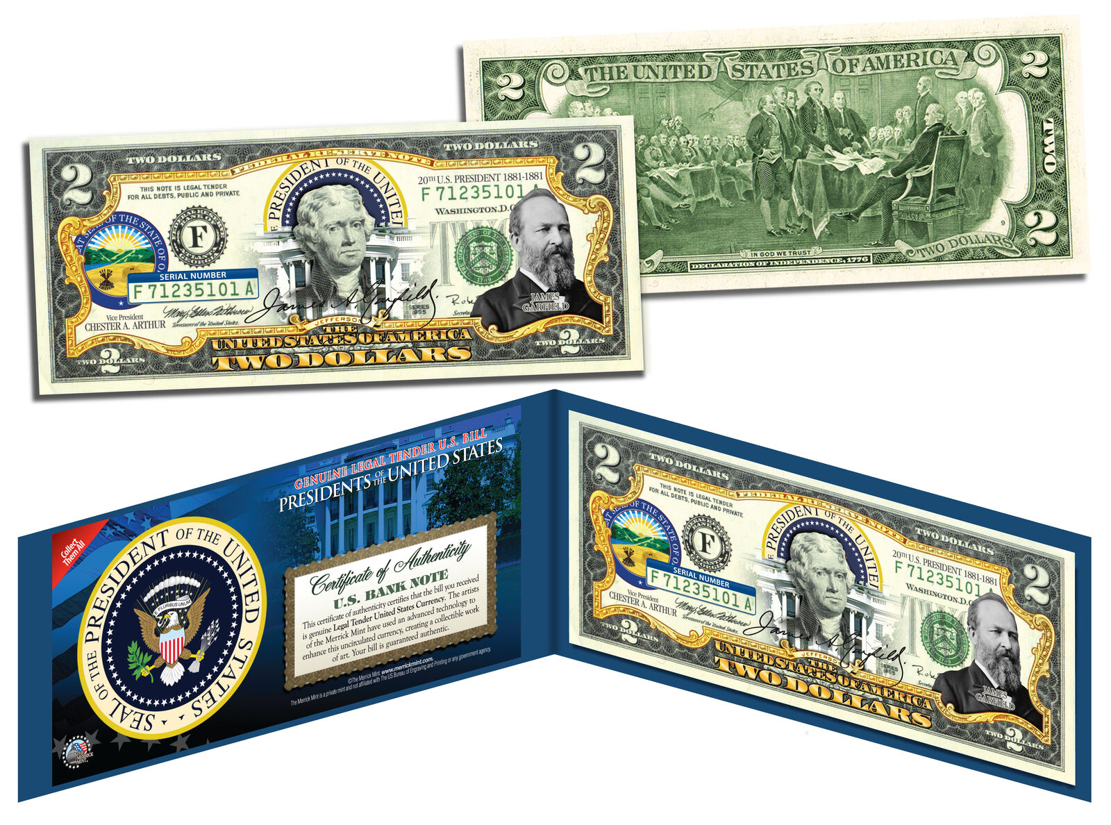 JAMES A GARFIELD * 20th U.S. President * Colorized $2 Bill Genuine Legal Tender