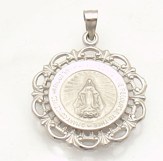 3D 20mm Miraculous Medal Filigree Charm Pendant Solid Real 14K White Gold 2.9gr