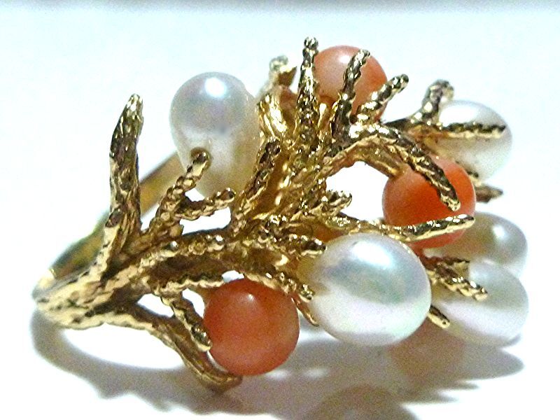 LARGE CORAL REEF LIKE 14K YELLOW GOLD PEARL & LIGHT CORAL ESTATE RING SIZE 5.25