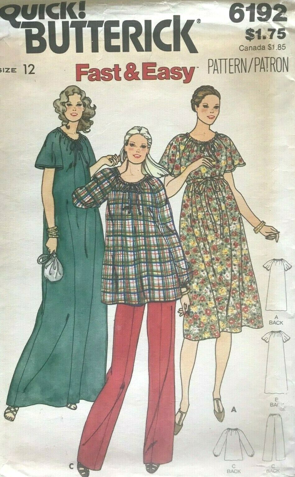 1970\'s VTG Butterick Misses\' Maternity Dress,Top,Pants Pattern 6192 Size12 UNCUT