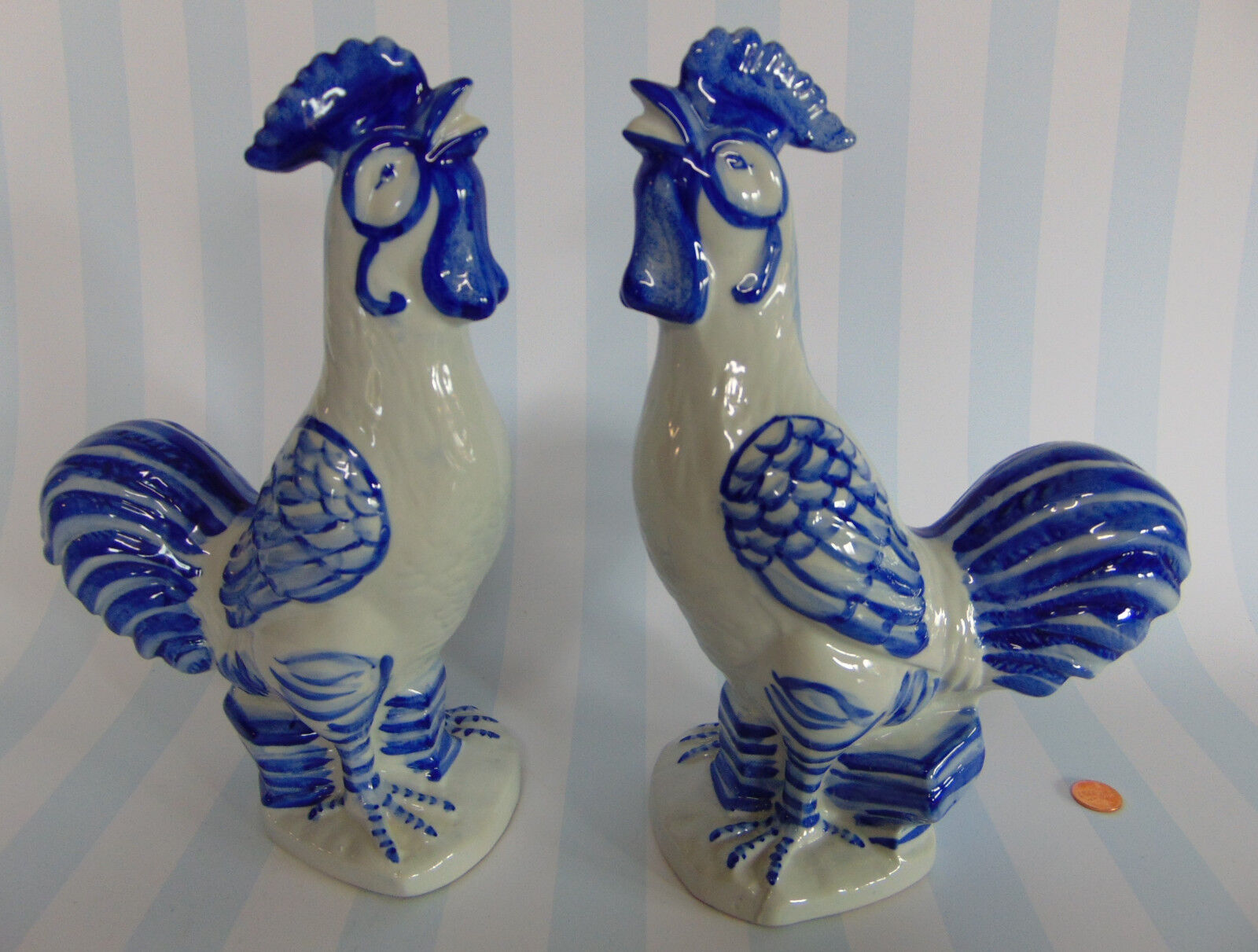 Vtg Pair Porcelain ROOSTER FIGURINES Blue & White French Country Chicken Birds