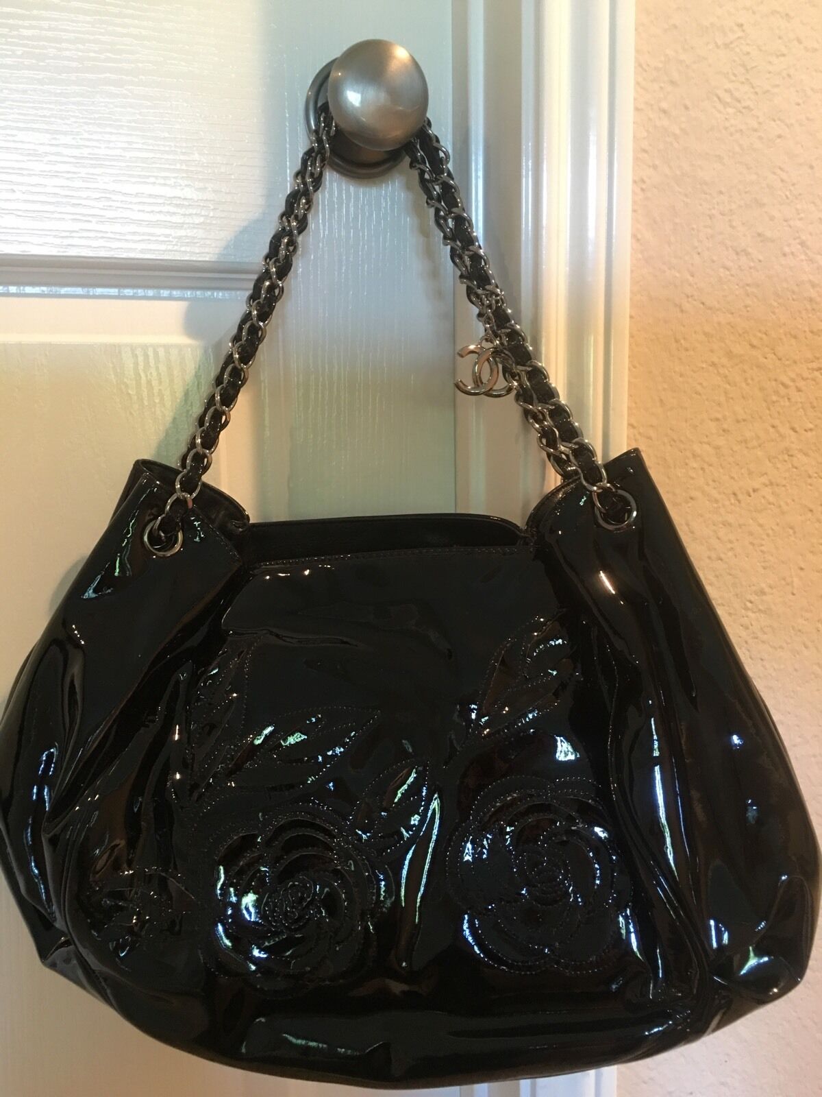 Chanel Camellia Drawstring Patent Leather Bag