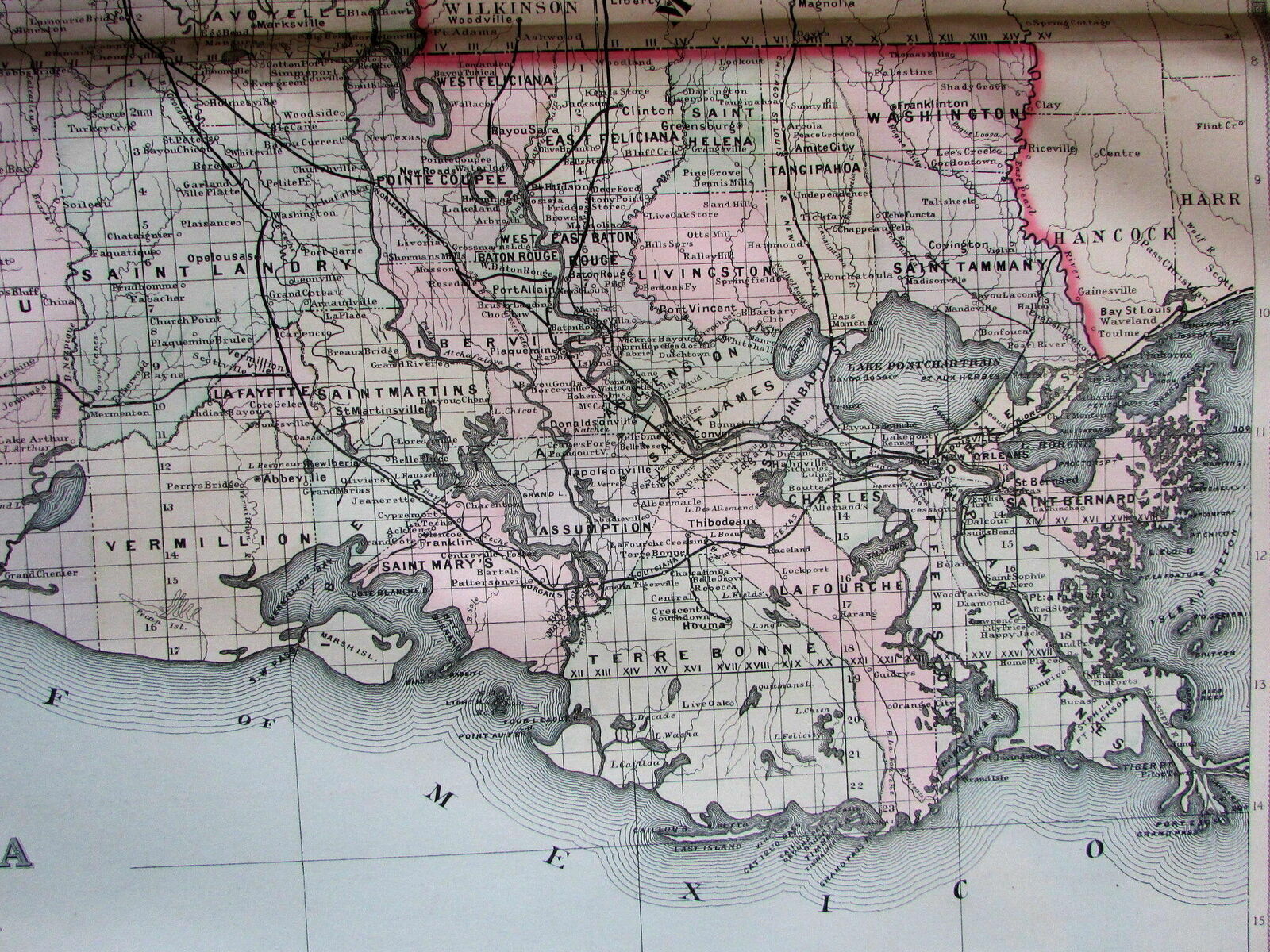 Louisiana detailed 1889 Bradley large oversized hand colored fine old map