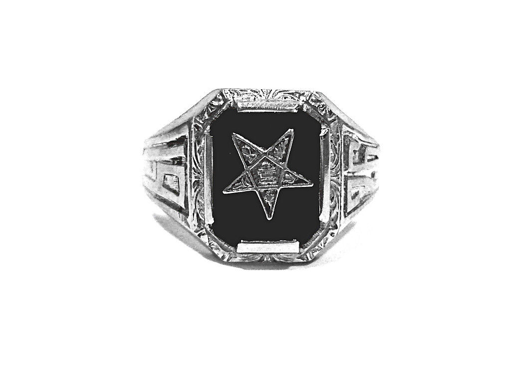 SOLID 10K WHITE GOLD & BLACK ONYX 1926 EASTERN STAR RING ~ SIZE 6 3/4