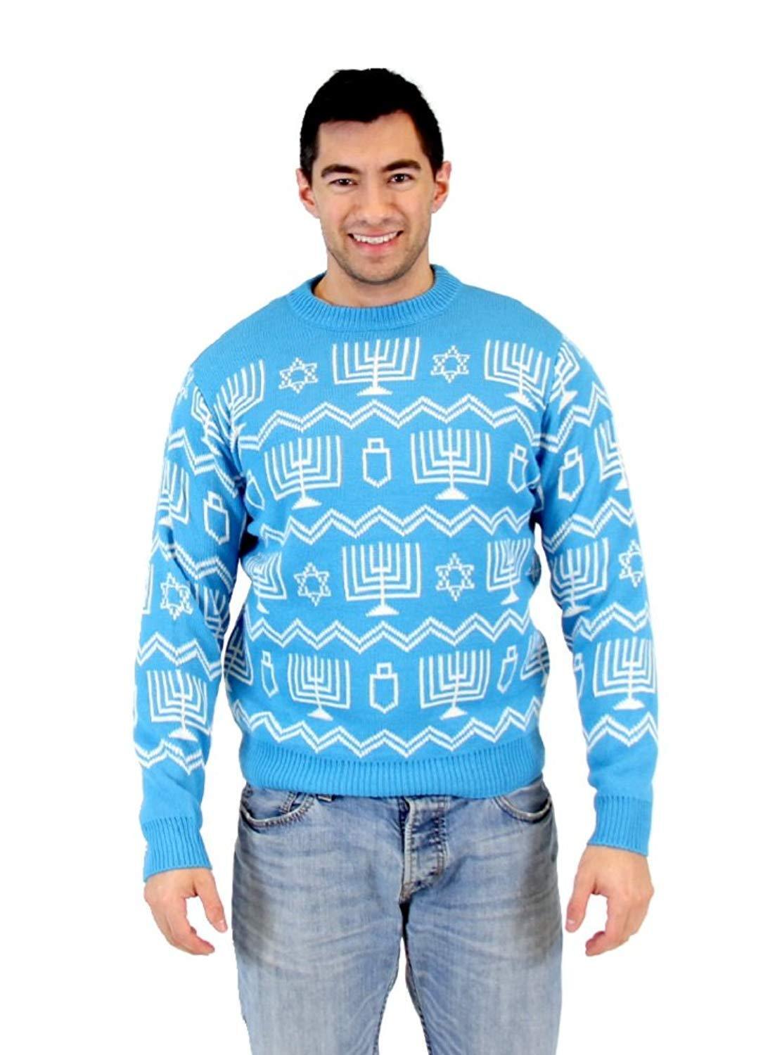 Adult Light Blue Holiday Hanukkah Symbols Pattern Ugly Christmas Sweater
