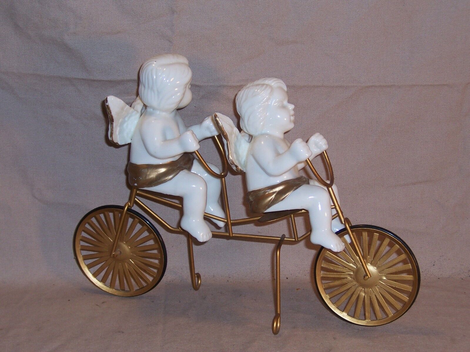 Holiday Figurine 2 Ceramic Angels Riding a Bicycle Tandem White Gold  