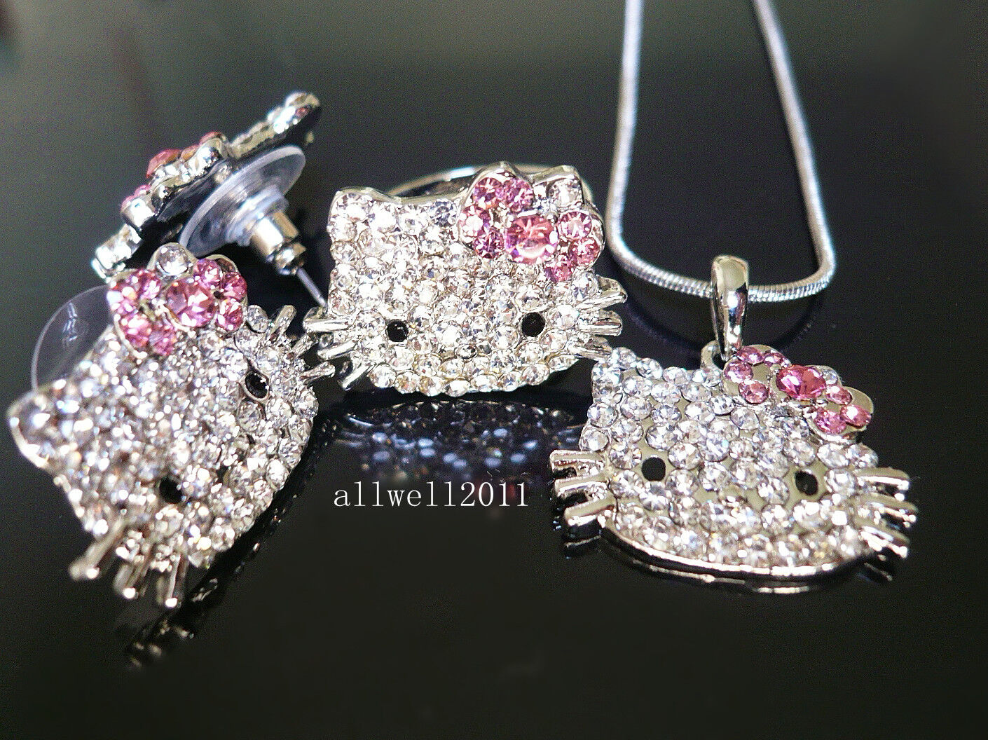 Wholesale lot Hello Kitty Fashion Ring Earring Necklace set Crystal Rhinestone