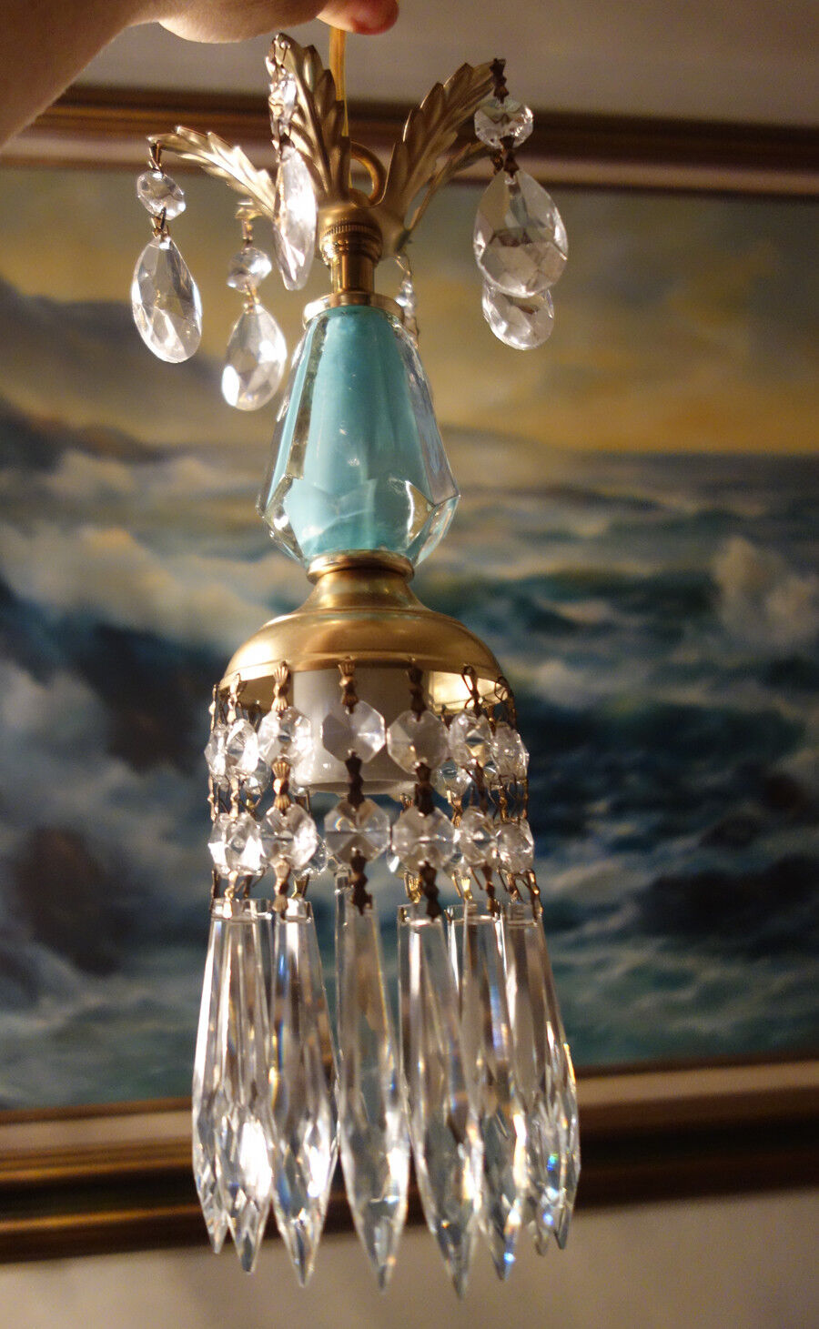 1 Vintage mini Blue aqua Brass hanging lamp closet chandelier crystal prism cute