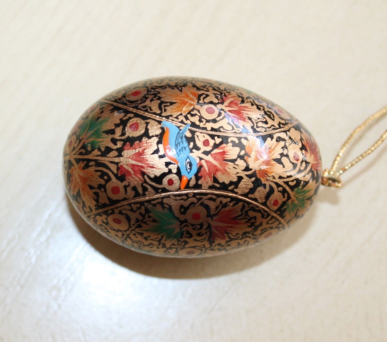 Vintage Wood or Porcelain Easter Egg Colorful Paint Ornament Leaf Bird