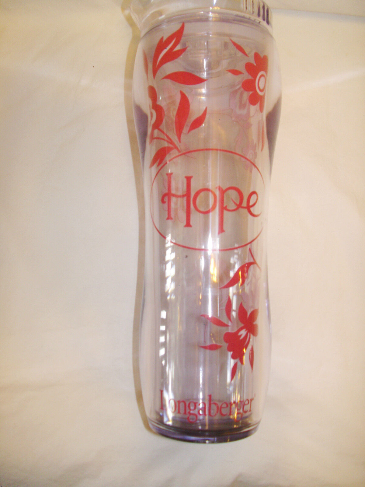 WATER BOTTLE Horizon of HOPE Clear with Pink Flowers 16 oz Longaberger New 