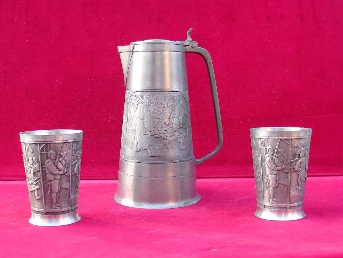 vintage collectible pitcher and 2 cups pewter KDM Royal Holland daalderop 