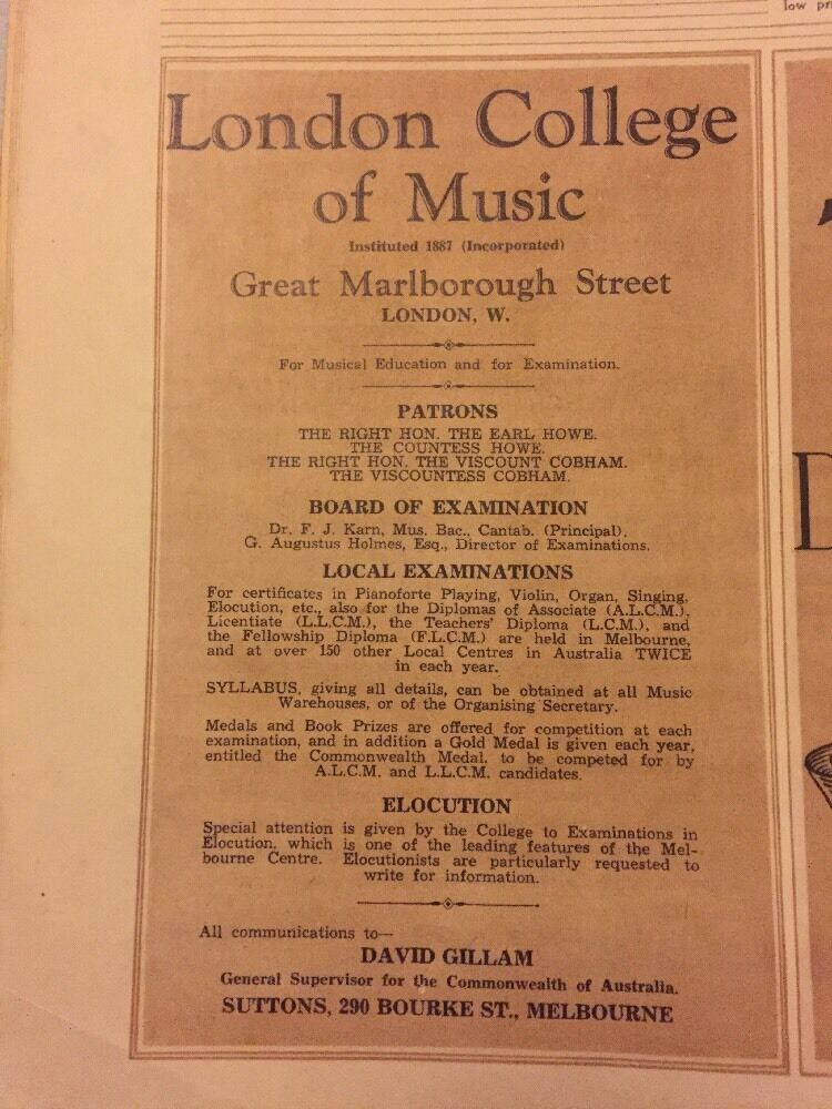1935 Antique London college Of Music Australian Vintage Print Ad Melbourne