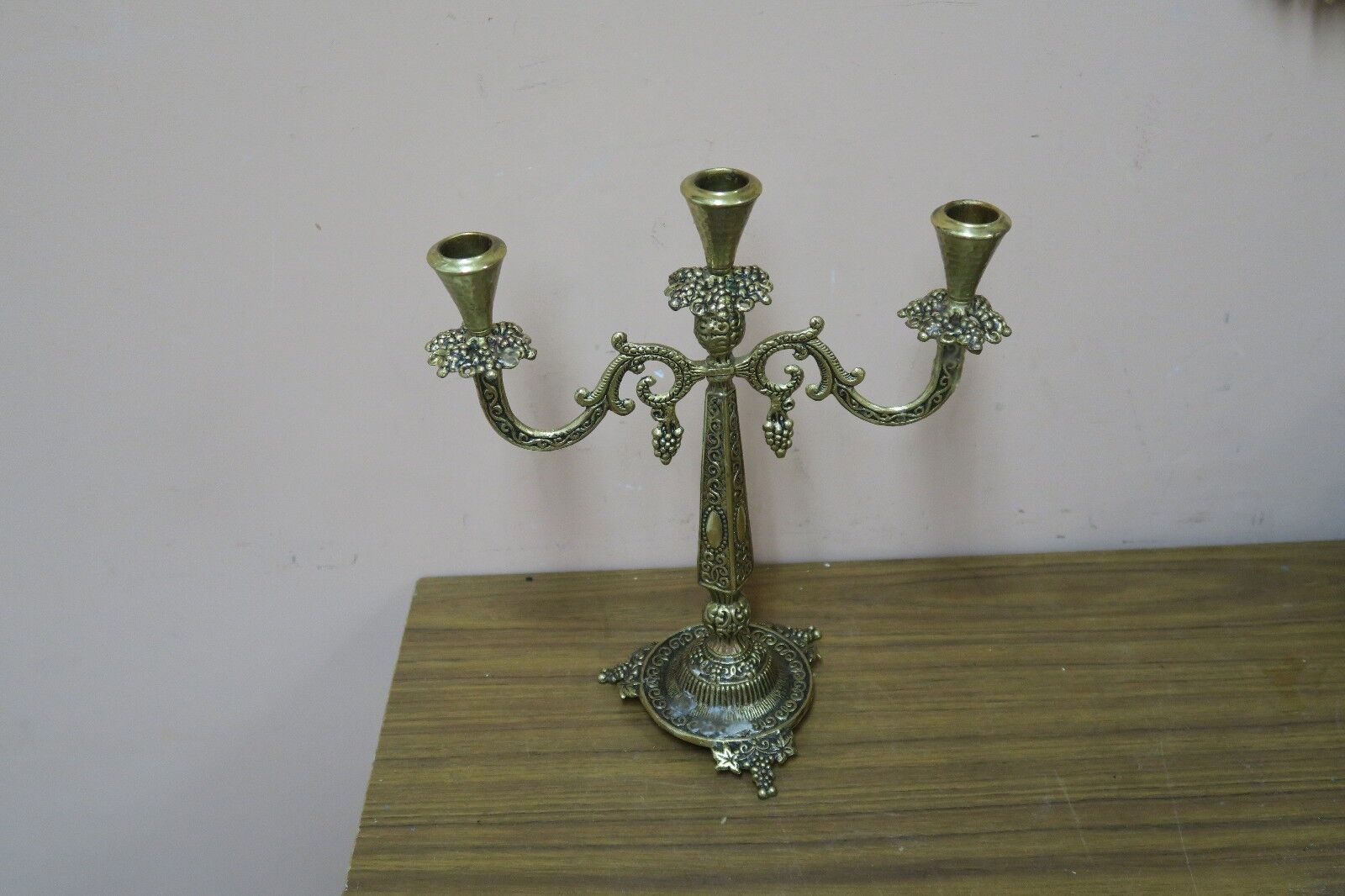 Vintage Israel Shabbat 3 Arm Ornate Brass Candle Holder Wainberg 12\