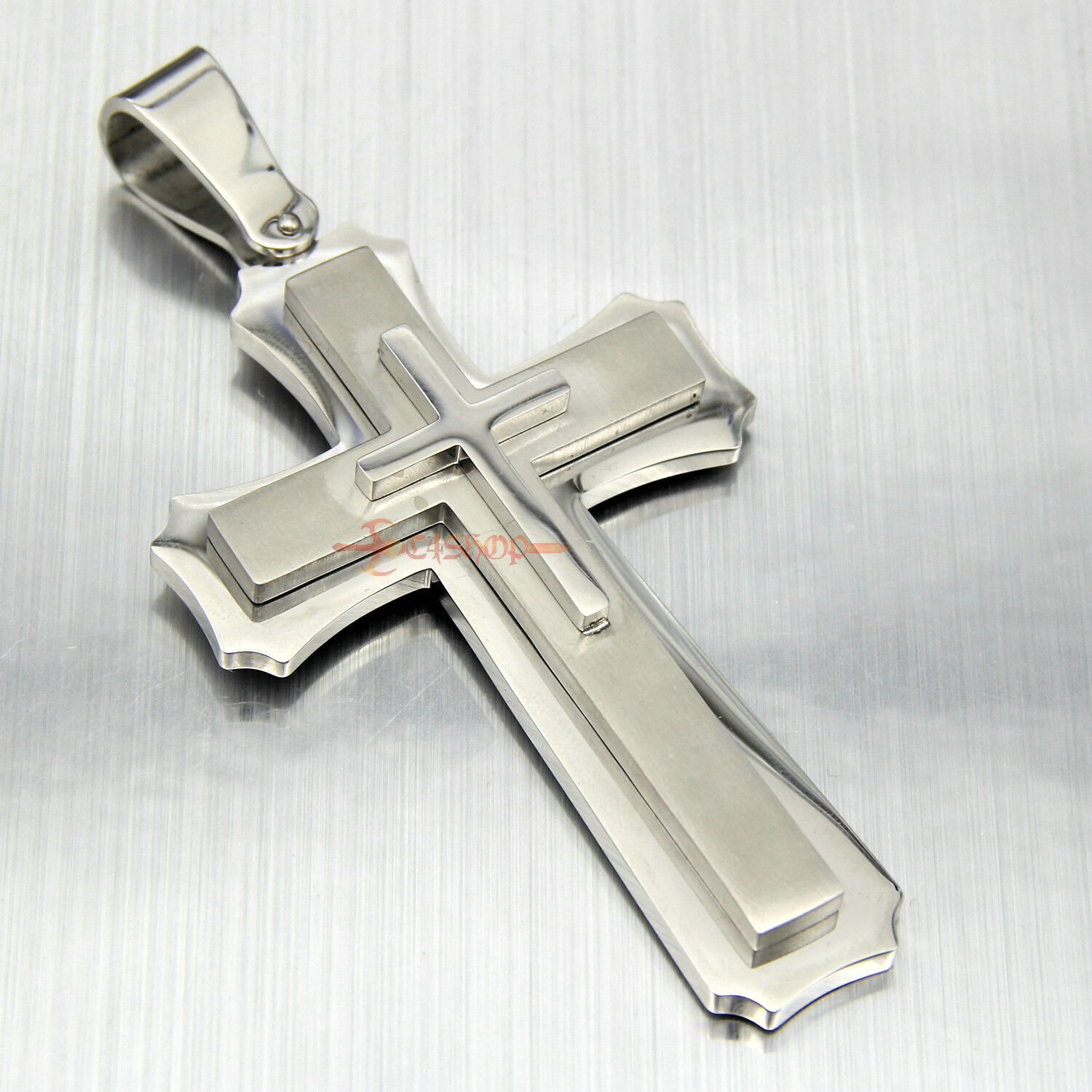 Huge Stainless Cross Men\'s Necklace Pendant Heavy Large Silver Polished 3 Layer