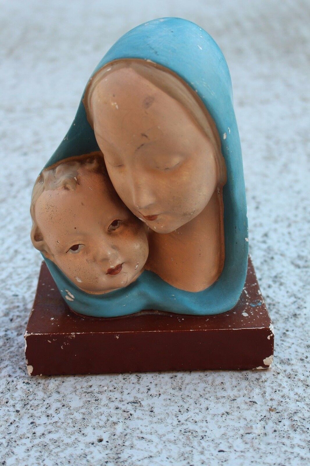 French Antique Plaster Chalkware Virgin Mary with Child Statue