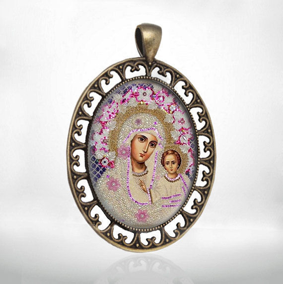 Our Lady of Kazan Virgin Mary w Child Jesus Medal Pendant Orthodox Russian Icon