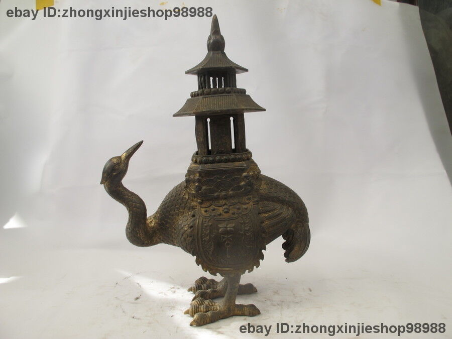 China old Bronze Copper Buddhism tower Red-crowned crane statues Incense Burner