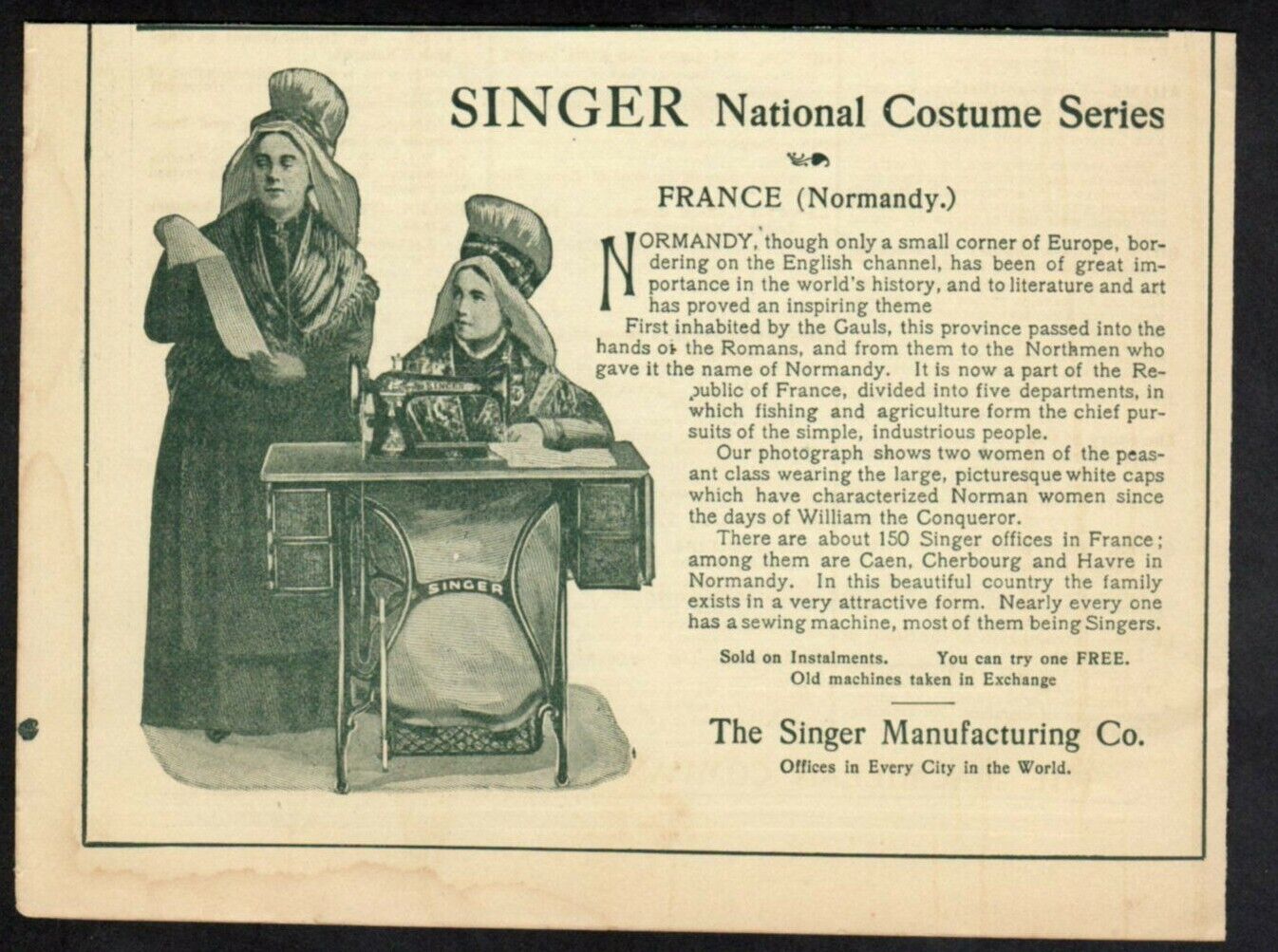 Vintage Fashion ad 1899 Singer Sewing Machine National Costume Series NORMANDY