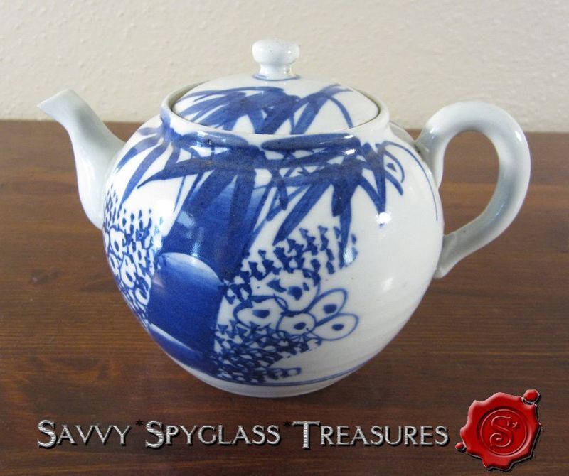 Vintage Asian Japanese? Chinese? Porcelain Blue & White Bamboo Teapot