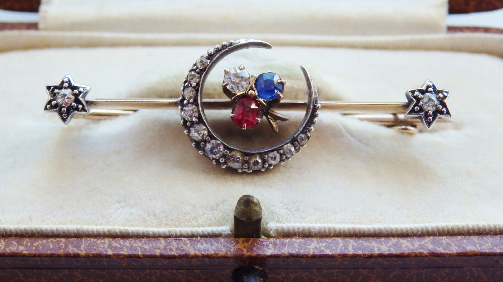 Stunning Antique Victorian Gold Diamond Ruby & Sapphire Crescent Brooch c1895 
