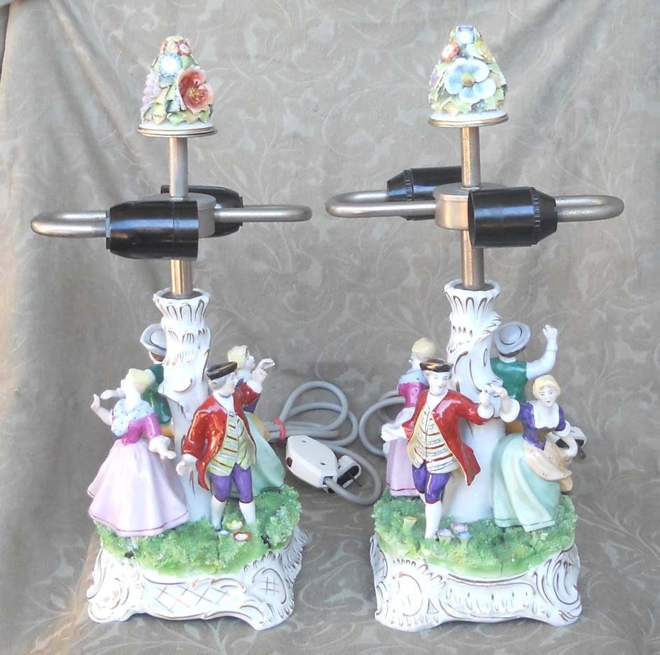 2 VINTAGE DRESDEN HAND PAINTED PORCELAIN FIGURAL TABLE LAMPS GERMANY CROWN MARK