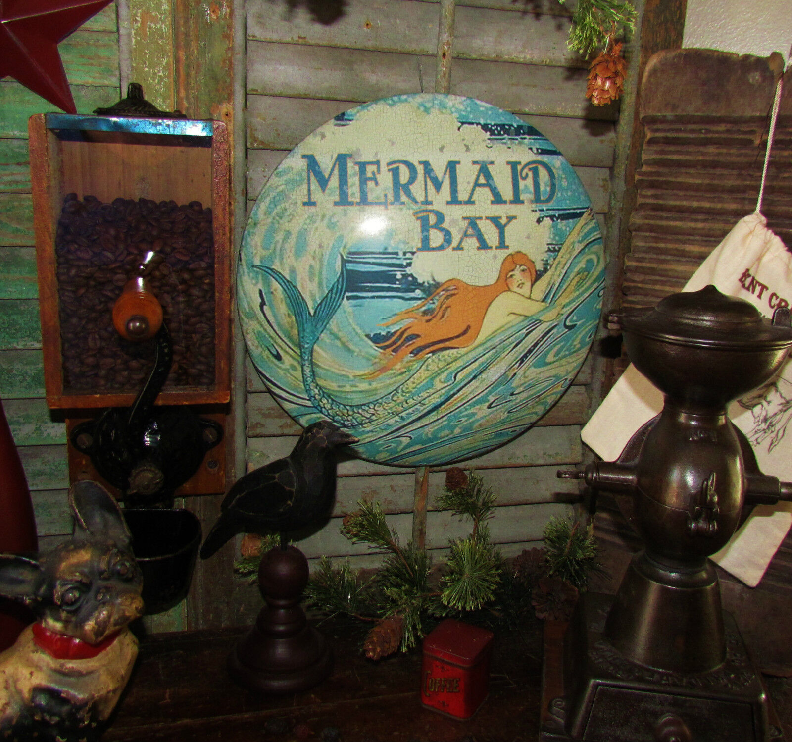 Primitive Antique Vtg Style Mermaid Sea Bay Round Dome Sign Chic Metal Tin