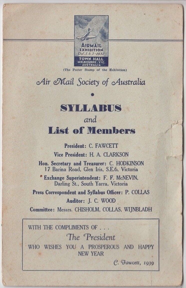 Stamp Australia 1937 Airmail Exhibition Melbourne syllabus members list, scarce 