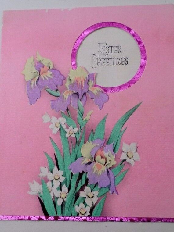 Vintage 1930s Easter Greetings Card Pink w/ Lavender Cream Bearded Iris & Crocus