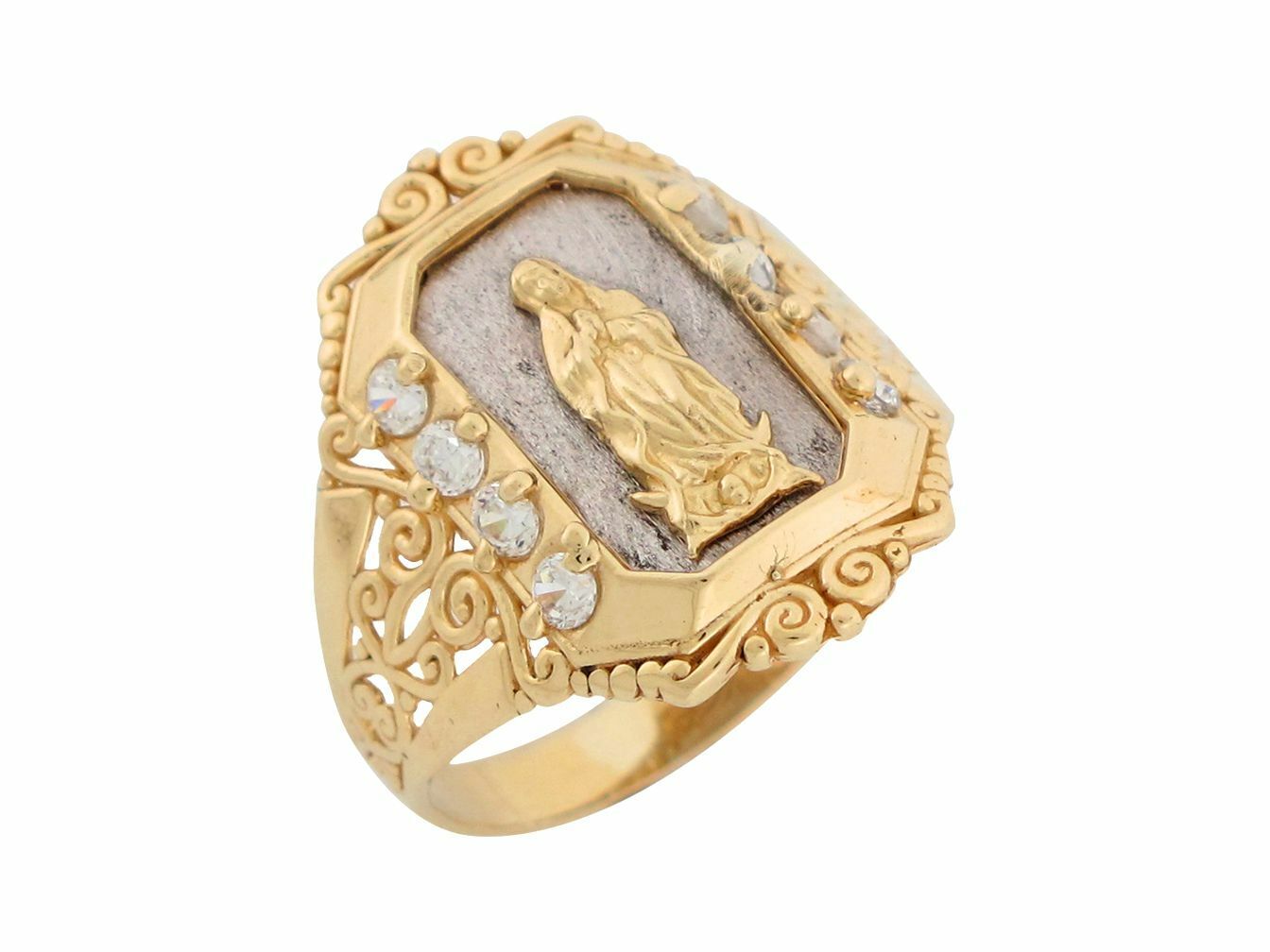 10k or 14k Two Tone Gold White CZ Religious Lady Guadalupe Mens Ring