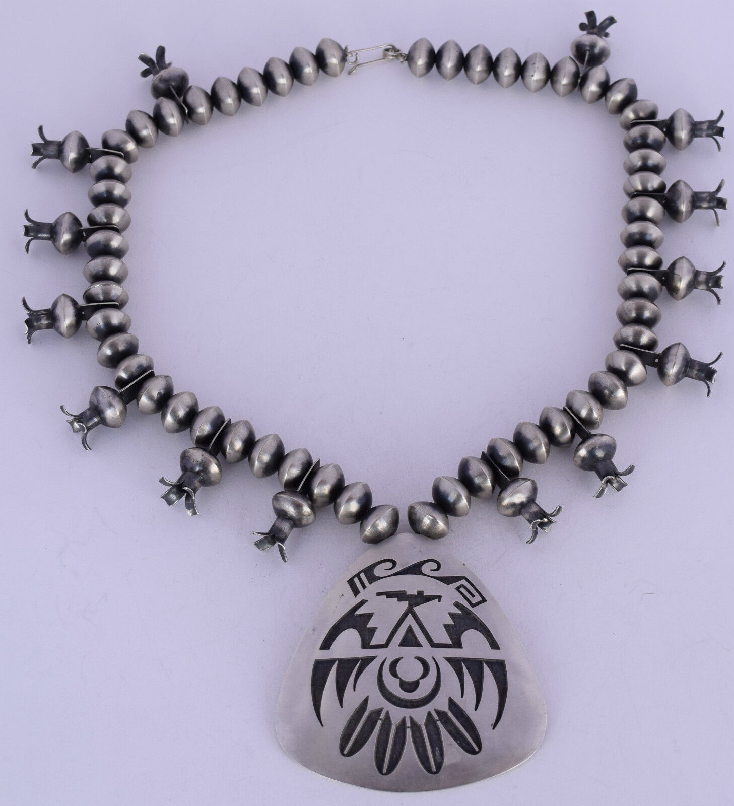 Vintage MASSIVE museum Hopi sterling squash blossom necklace ELGENE SEHONGVA