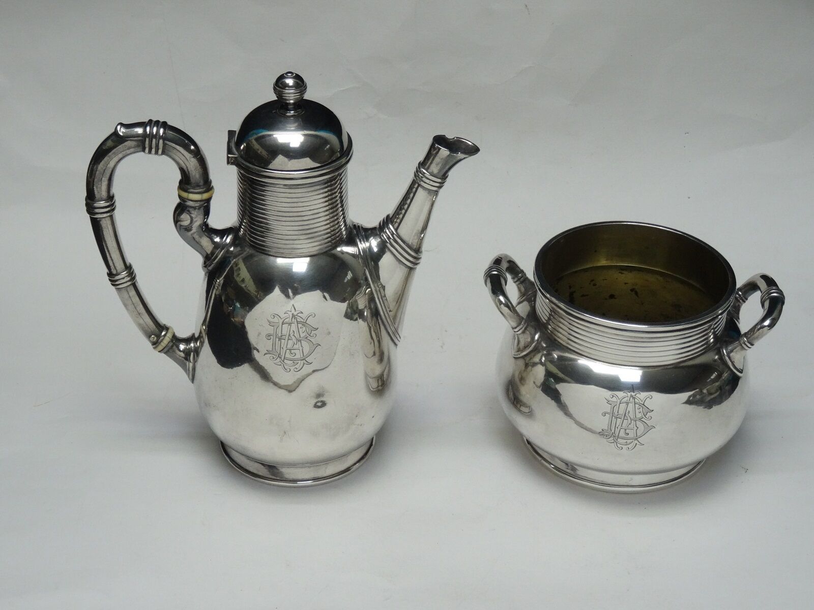 ANTIQUE 1930\'s FRENCH ART DECO CHRISTOFLE SILVER PLATE COFFEE TEAPOT SUGAR CUP