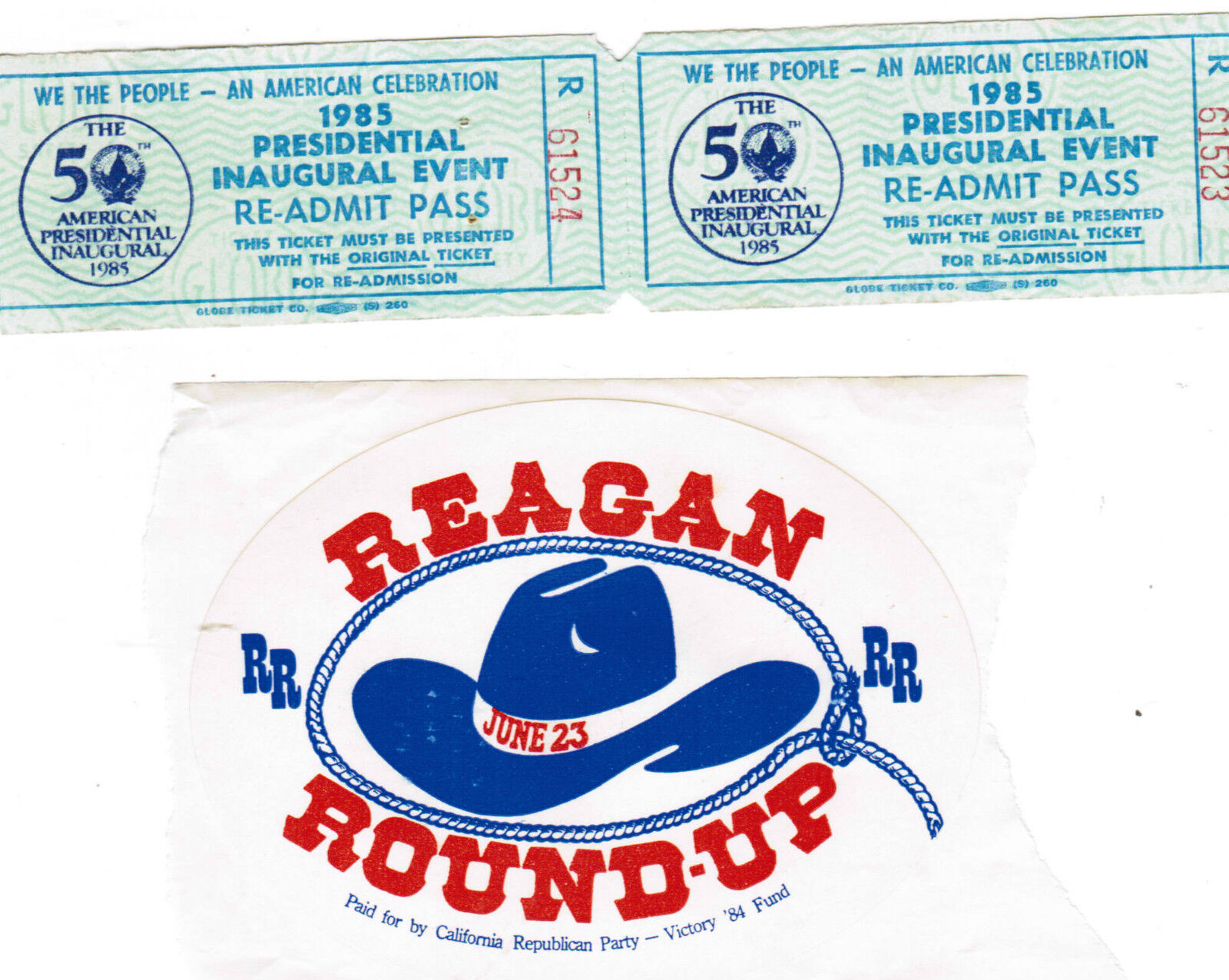 2 President Ronald Reagan 1985  Inaugural Re Admit Passes Tickets 2 Stickers 