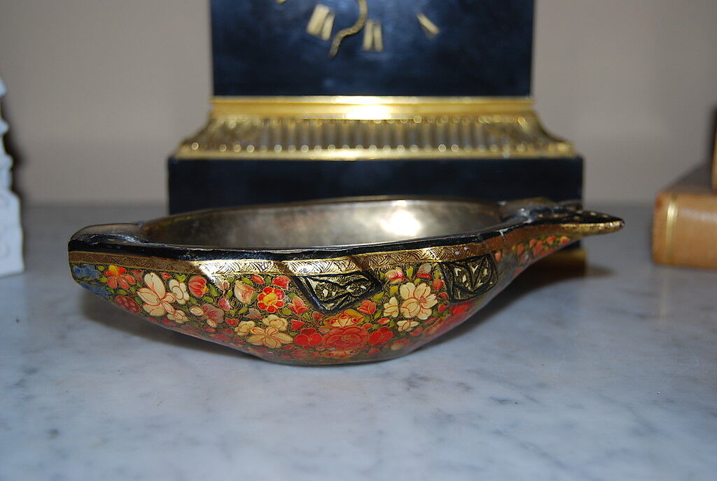 WONDERFUL EARLY BRASS AND WOOD HAND PAINTED RUSSIAN STYLE FISH SHAPE ASH TRAY