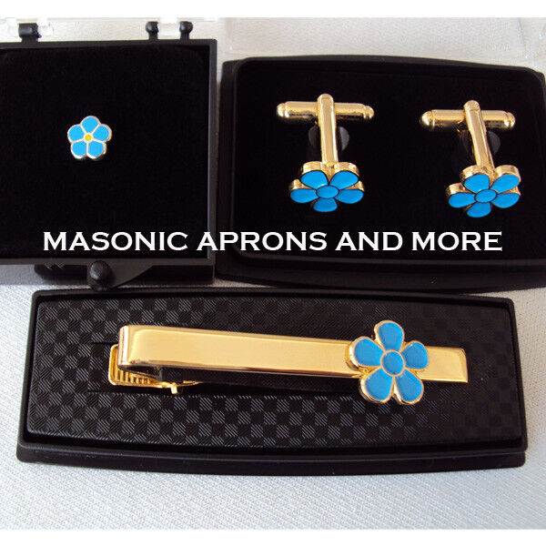 Masonic Forget Me Not Tie Clip, Cuff-links & Tie Pin Set (Boxed)