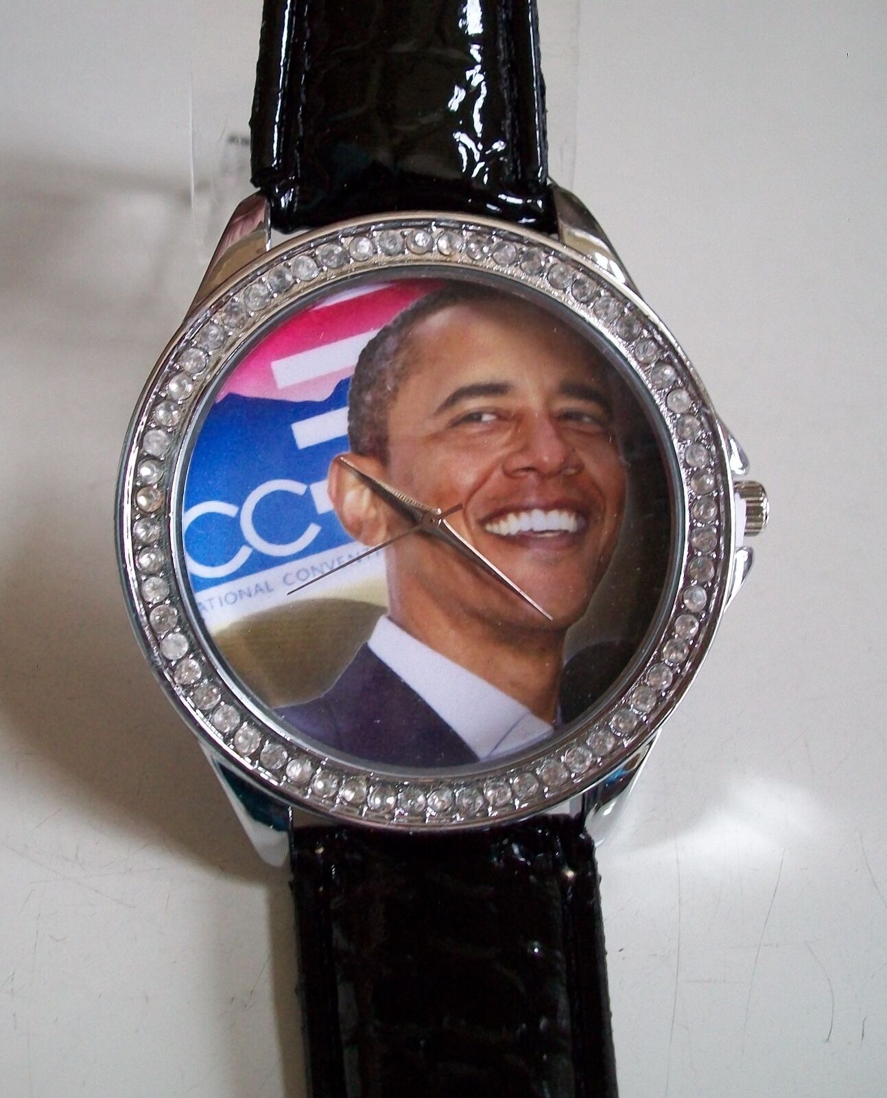 44th U.S.President Barack Obama Bling Black Band Stone Fashion Watch