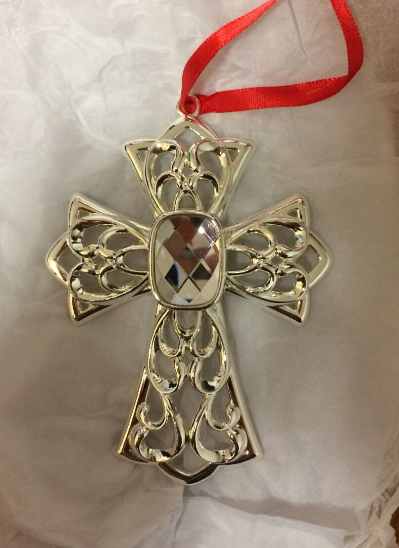NEW Lenox SIlverplated White Gem Bejeweled Cross Ornament Silver-plate