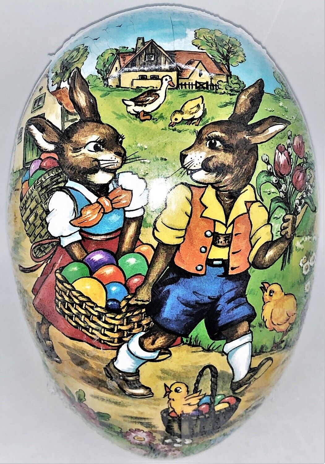 Vintage Paper Mache Easter Egg (7x5) FLIRTING BUNNIES Sealed MINT Made Germany