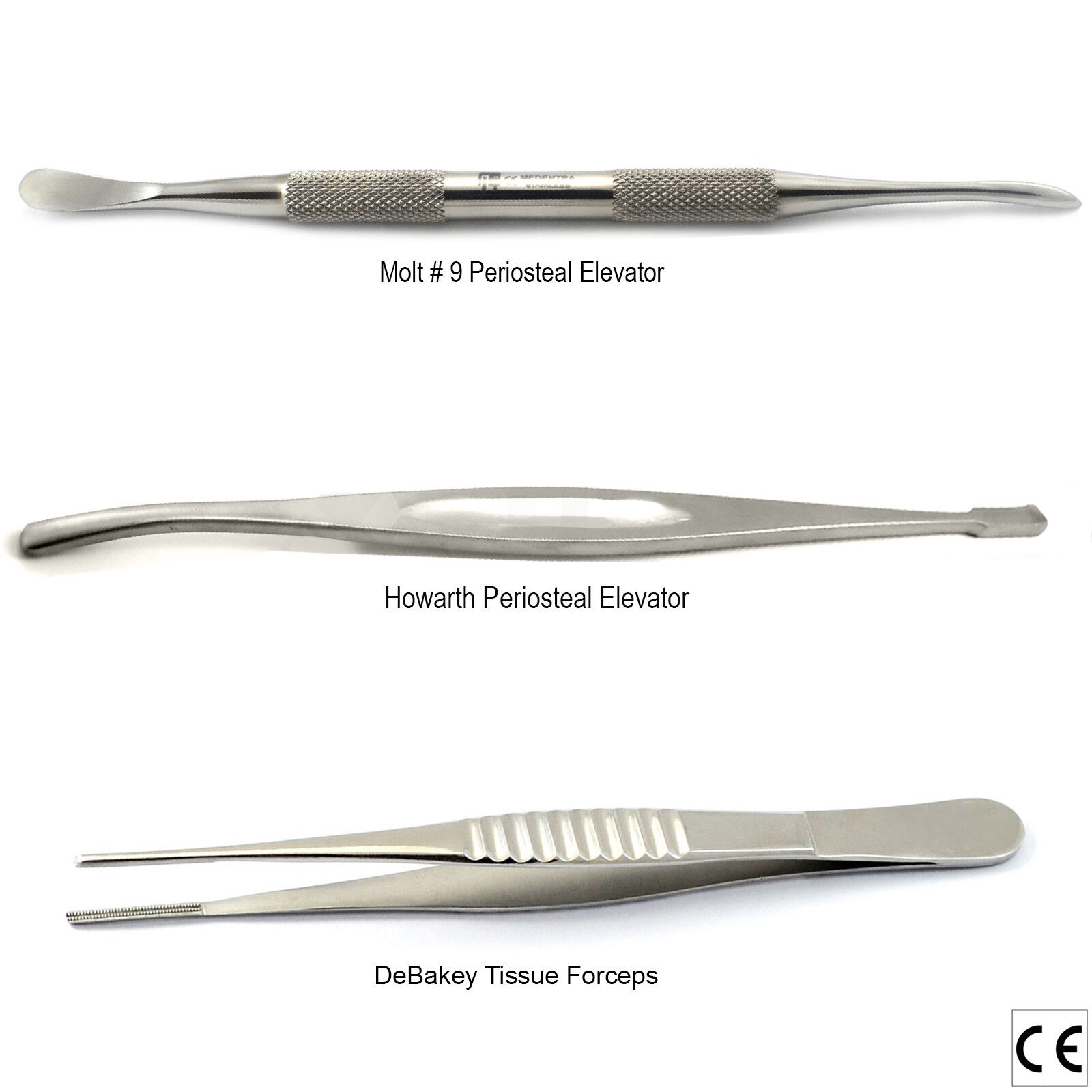 Elevator Howarth Implant Periosteal Molt 9 Debakey Tissue Forceps Set of 3 Labor