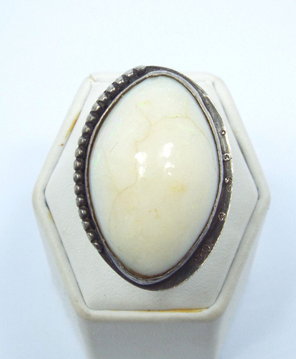 Vtg Native American Old Pawn Silver Design Border & Large Opal Ring, size 6.25