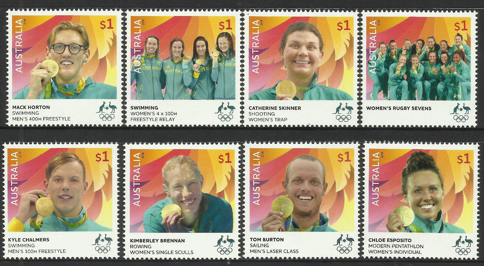 AUSTRALIA 2016 RIO OLYMPIC GAMES GOLD MEDAL WINNERS Complete Set of 8 MNH