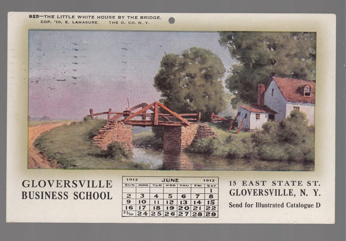 June 1912 Calendar Postcard Gloversville, NY Business School Advertisement