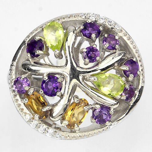 BEWITCHING NATURAL AMETHYST,PERIDOT,CITRINE,TOPAZ,W CZ STERLING 925 SILVER RING