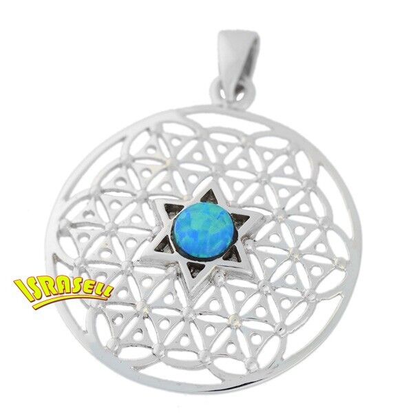 925 Sterling Silver & Opal Flower of Life Kabbalah Pendant with Star of David