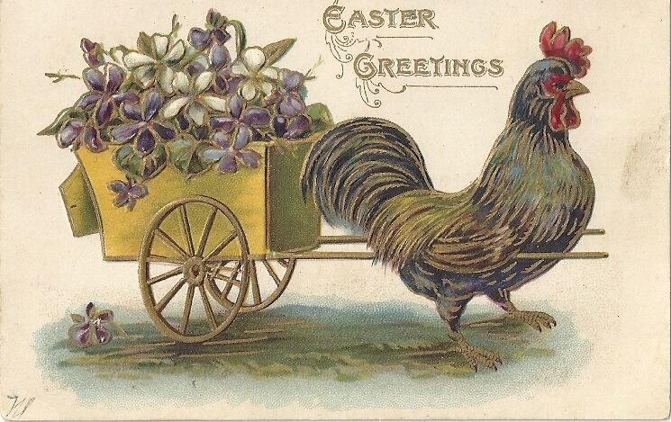 Org Vintage 1907-15 Easter PC- Chicken- Rooster pulls Wagon- Easter Greetings