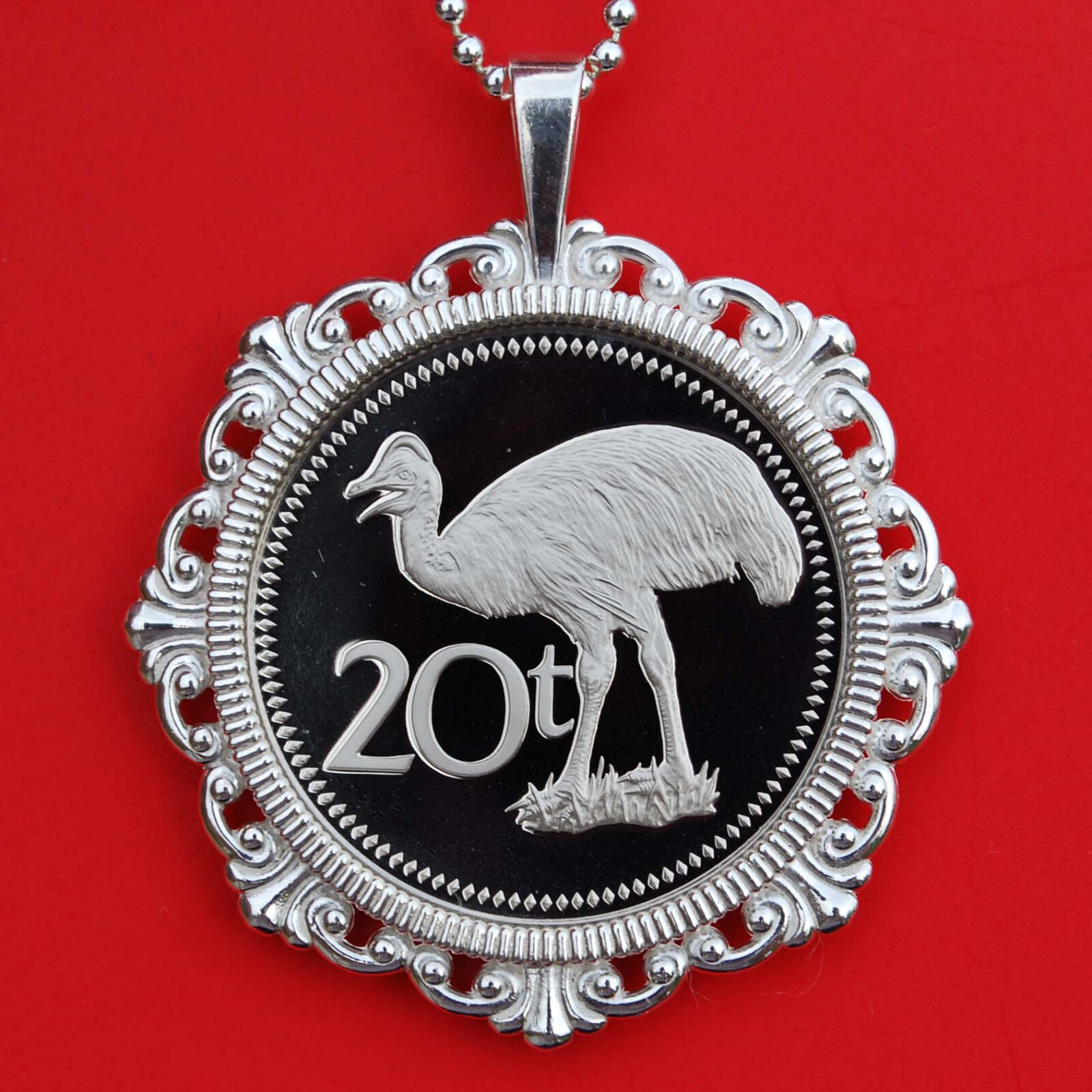 1975 Papua New Guinea 20 Toea Cassowary Bird Proof Coin Sterling Silver Necklace