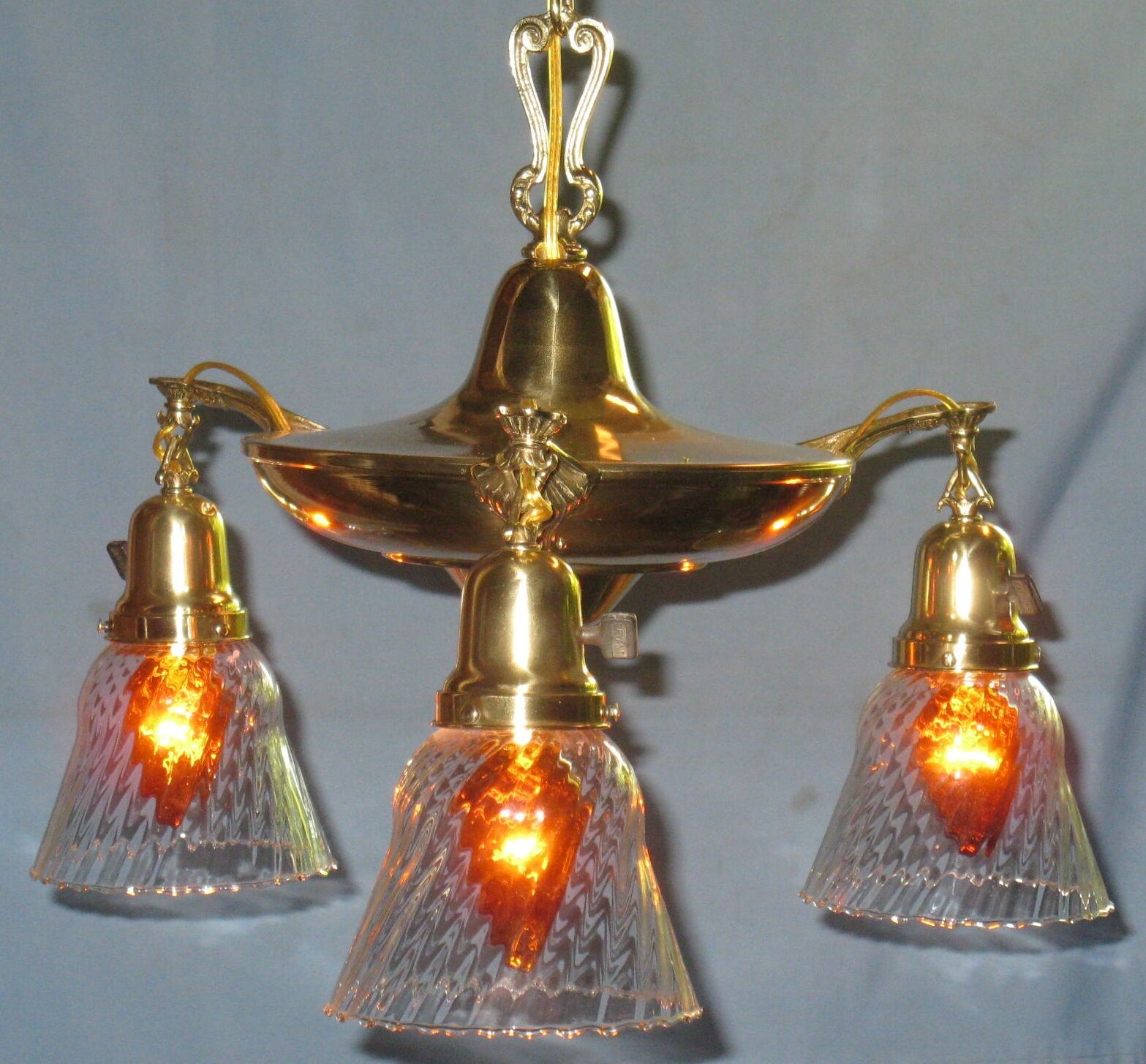 ANTIQUE SOLID BRASS 3-LIGHT PAN CEILING FIXTURE INDIVIDUAL SWITCHES CAP SHADES
