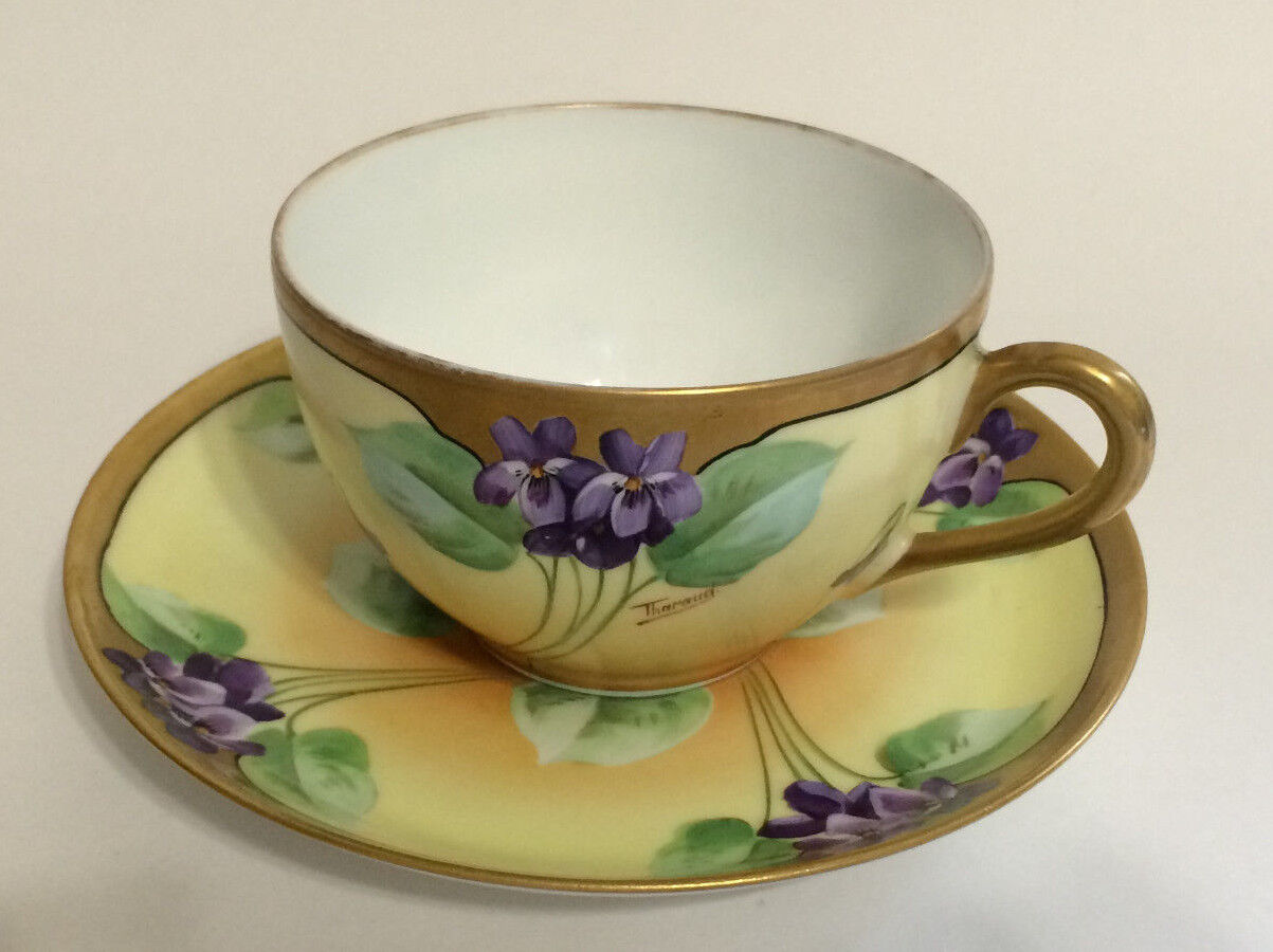 Antique Limoges Signed Tharaud Cup & Saucer Art Deco Purple Violets French 19thC