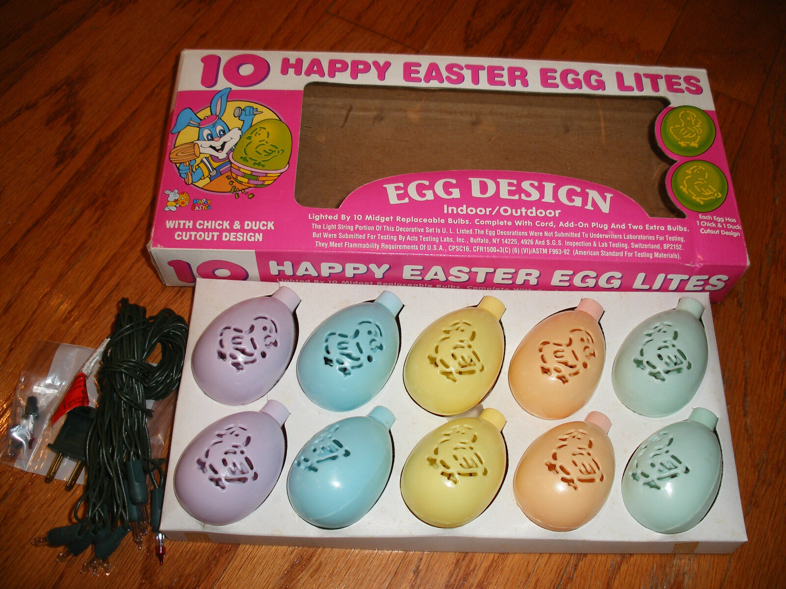 New  Vintage 10  Pastel Easter Egg Blow Mold Lights -Chick & Duck Cutout Design 