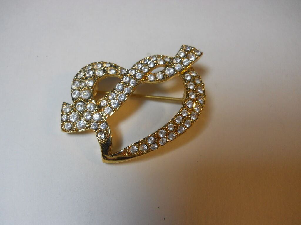 Swarovski signed SWAN Logo  gold tone pave Crystal open Heart Pin Brooch 
