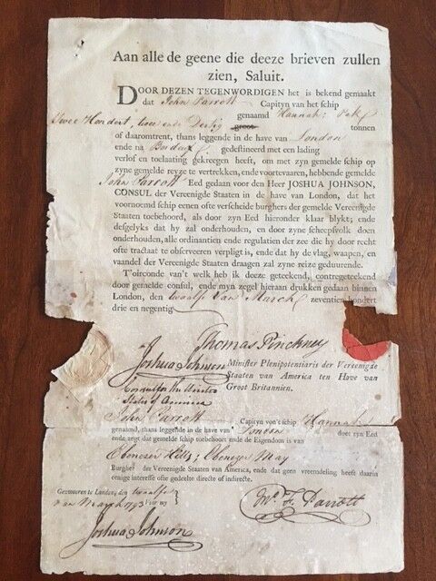 RARE 1793 Thomas PINCKNEY, US Ambassador to England, Ship\'s Papers in German, SC